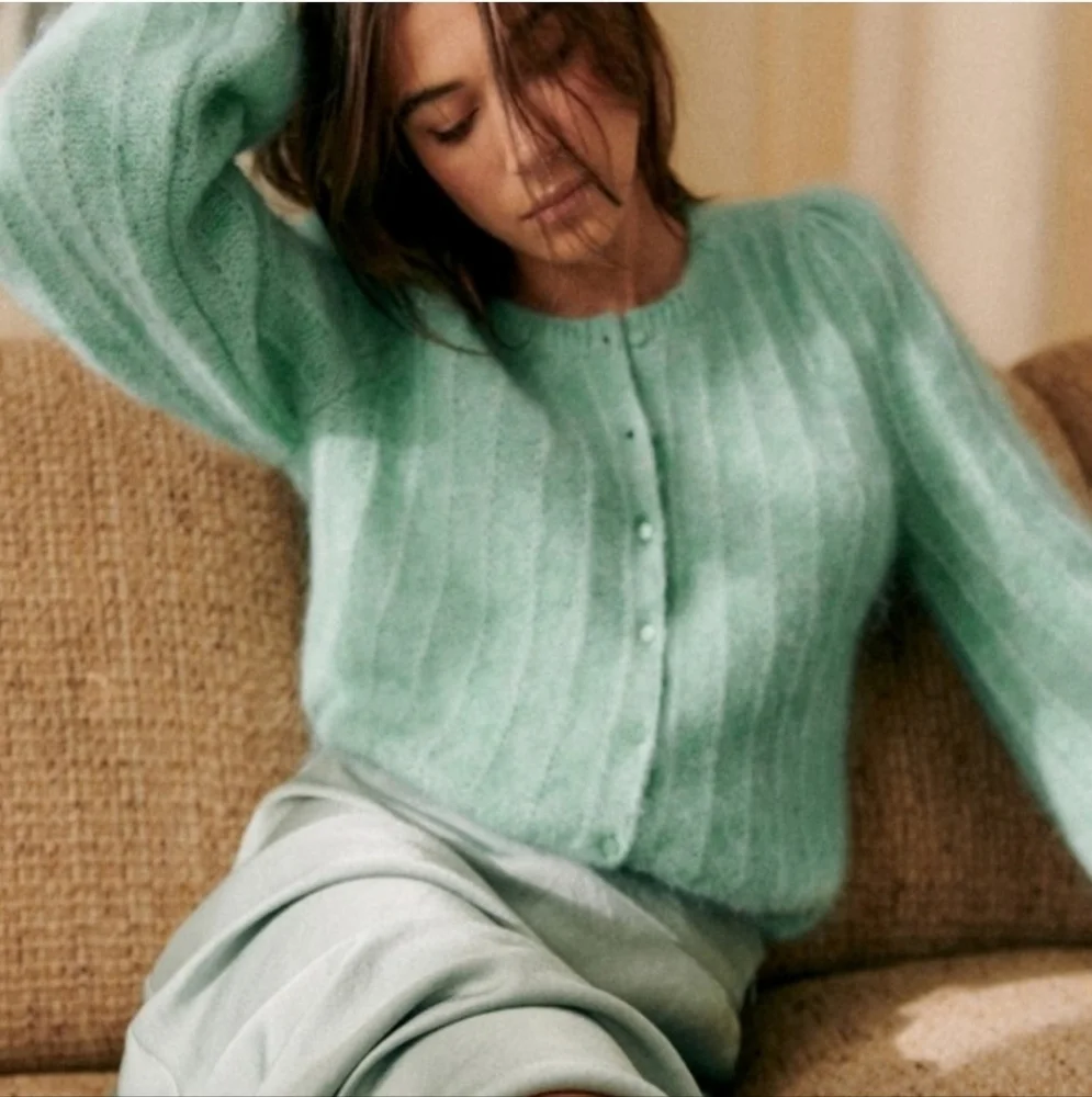 LA MAILLE SÉZANE Amance Fancy Knit Mohair Sea Green Mint Cardigan Large - Picture 3 of 13